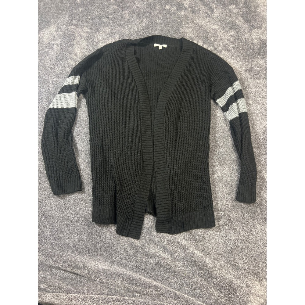 Maurices Black Waffle Knit Open Front Cardigan Grey Sleeve Stripes Medium